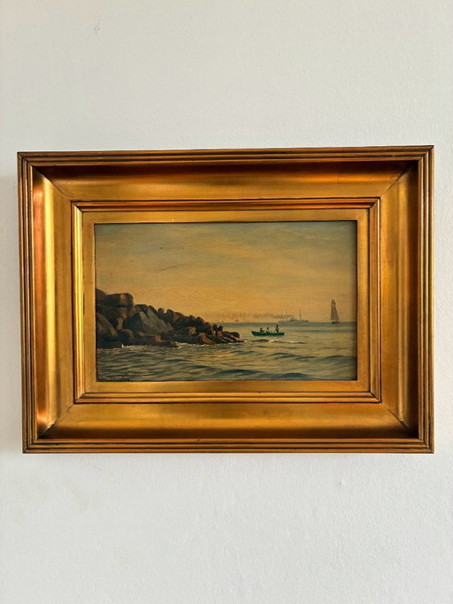 Antique Signed Sailing Ship Seascape Oil Painting – schilderijen tekeningen, Wood