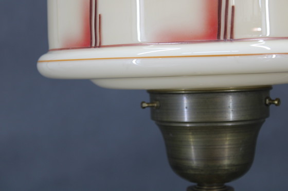 Image 1 of 1940s Restored Brass Table Lamp with Wooden Base and Glass Shade