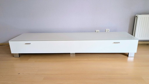 Meubles tv Hülsta / lowboard blanc avec plateau en verre, 210 cm