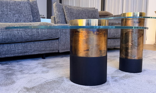 Vintage design salontafels set – glazen blad & bronze kolom – high end