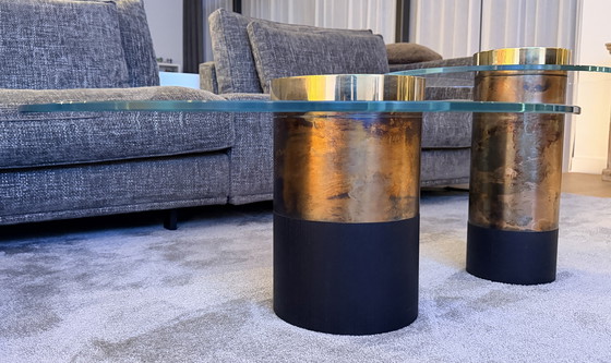 Image 1 of Vintage design salontafels set – glazen blad & bronze kolom – high end