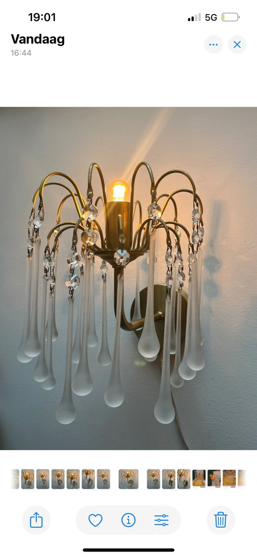 Juego de 2 lámparas de pared con forma de lágrima de cristal vintage italiano
