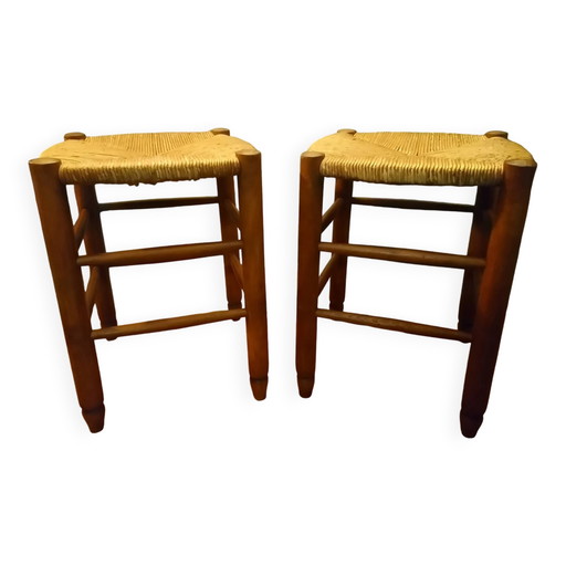 Paar Buchenholz-Hocker mit Strohsitzen