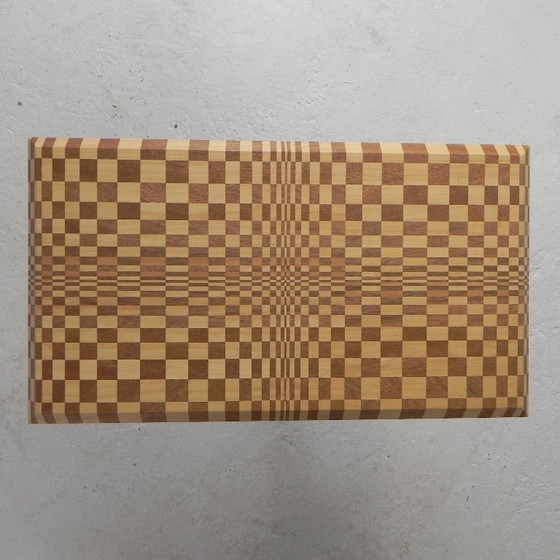 Image 1 of Salontafel opgebouwd uit honderden blokjes hout in een psychedelisch patroon, jaren 90