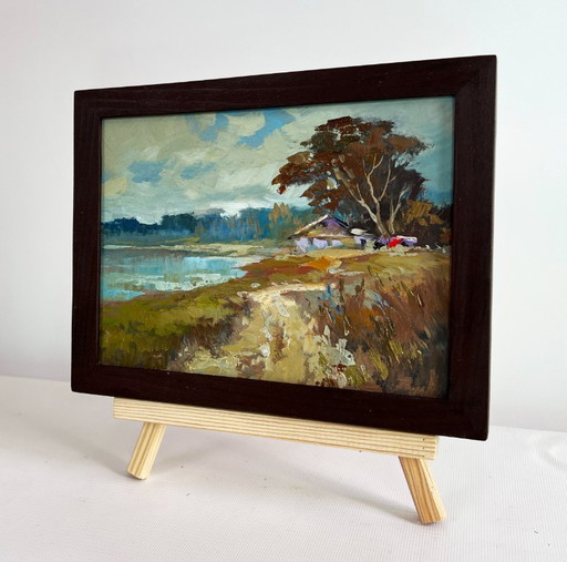Original Oil Painting Autumn Forest Landscape House in the autumn forest