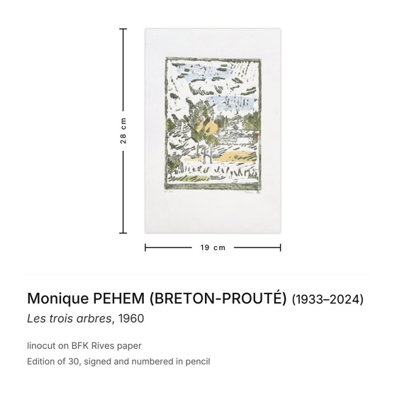 Image 1 of Monique PEHEM (BRETON-PROUTÉ) Die drei Bäume Signierter Linolschnitt 1960