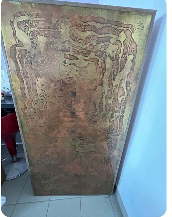 Image 1 of Rare Brutalist Coffee Table by W. Sadeghi - Acid-Etched Brass & Copper - 1970s