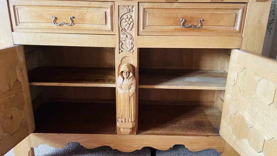 Brutalist Set, Solid Oak Sideboard, Cabinet, Dining Table, 6 Chairs, Hand Carved Priest Mission Style (photo 11 of 15)
