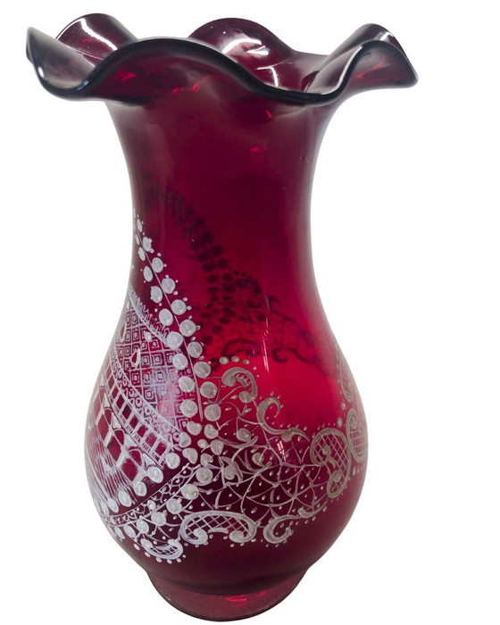 Image 1 of Vintage Bohemian Ruby Red Cut to Clear Glass Vase – Hand Blown Etched City Scene