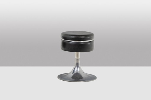 Low cylindrical black stool with steel base. 1970s