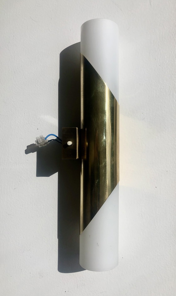 Image 1 of Opal glass and brass wall lamp in the style of Raak, 1970s