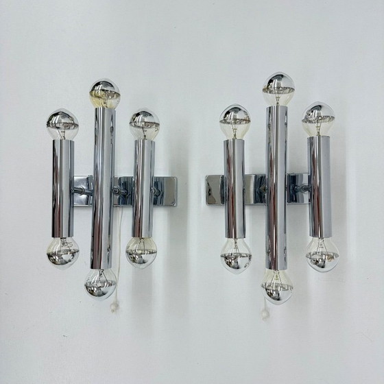Image 1 of Paar Gaetano Sciolari Wandlampen Leuchter Chrom Rohr , 1970er Jahre