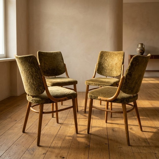 Bentwood Dining Chairs set of 4, Retro Beech Wood & Olive Velour Chair, TON 1960s–1970s, Czechoslovakia