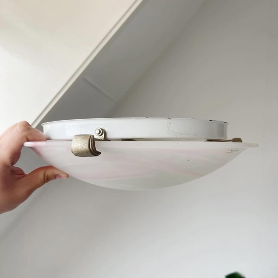 Image 1 of Rare Pair of Authentic Murano Glass Flush Mounts | Italian Art Glass | Soft Pink Swirl Design 