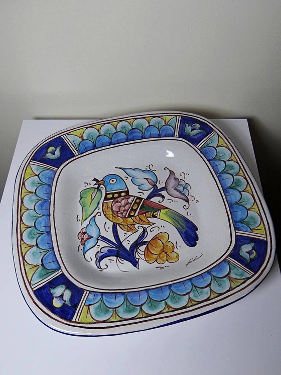 Grande piatto da parete italiano Gubbio decoro uccello ceramica dipinta vintage, Stoviglie, Cromo (foto 4 di 12)