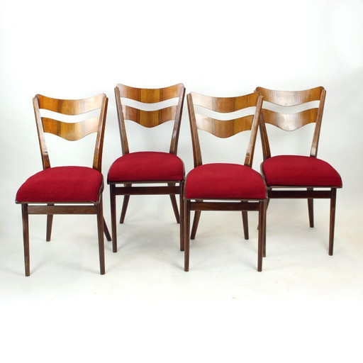 Juego de 4 sillas de comedor en roble y nogal, Checoslovaquia, década de 1960.