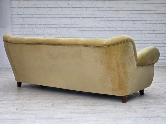 1960s, Danish 3-seater sofa, light green furniture velour., 3-5 seaters, Velvet, Wood, Vintage (photo 8 of 15)