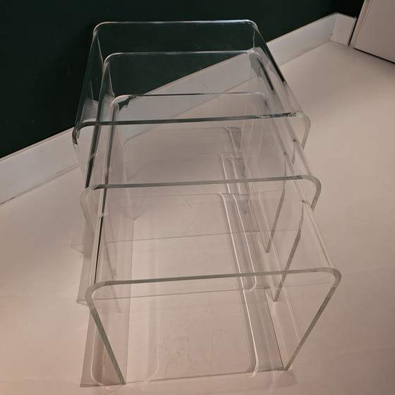 Image 1 of Set Of 3 Vintage Plexiglass Side Tables: Translucent Curved Acrylic Glass Tables, Perspex, Transparent, Mid - Century, Space Age