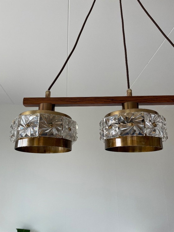 Image 1 of Mid Century, 1960s Carl Fagerlund Attributed teak & Brass Chandelier with Crystal Glass Shades