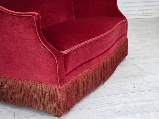1970s, Danish 2-Seater Sofa, Red Furniture Velour, Ash Wood Legs. – 2 seaters, Velvet (photo 18 of 20)