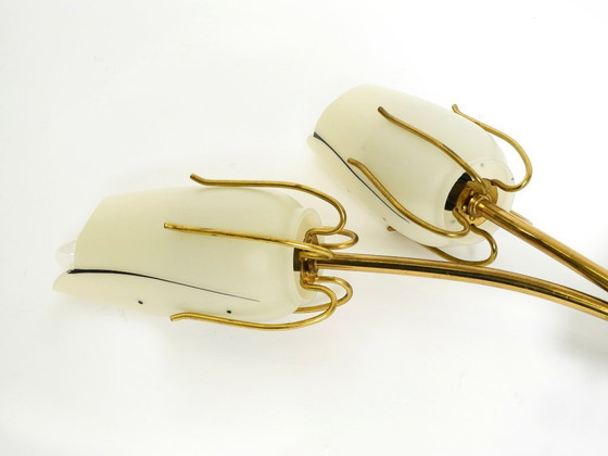 Image 1 of Wunderschöne, extrem seltene Messingwandlampe aus der Mitte des 20. Jahrhunderts mit bemalten Glasschirmen