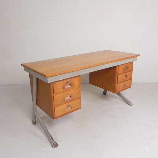 Escritorio industrial con 2 cajoneras, década de 1960. – bureau, Wood, Iron