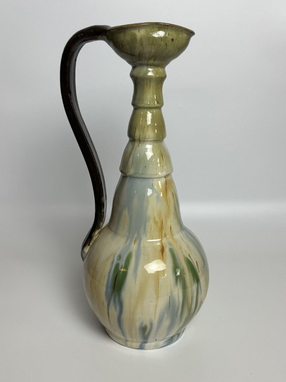 Image 1 of Pichet vintage en céramique émaillée multicolore brillante avec poignée, conçu par Eugene Losson pour Bouffioulx, années 1960.