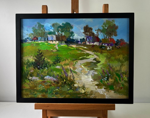 Original Oil Painting Summer Village Landscape Morning With Cows In Rustic