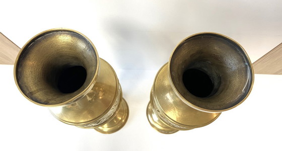 Image 1 of Antique Pair of Art Nouveau Yellow Copper Baluster Soliflore Vases