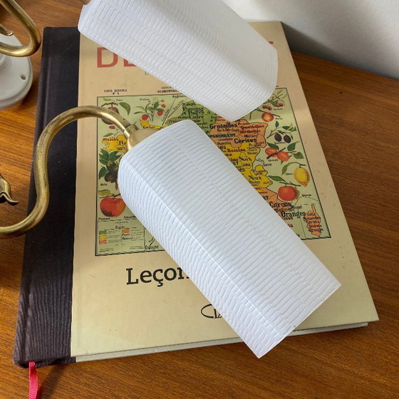 Image 1 of Pair of brass gooseneck wall lights with white glass and porcelain mounting rosettes