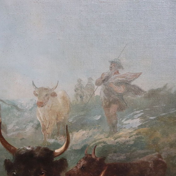 Image 1 of Large Oil Painting on Canvas, Herd of Cattle, Signed Watson W. 19th Century