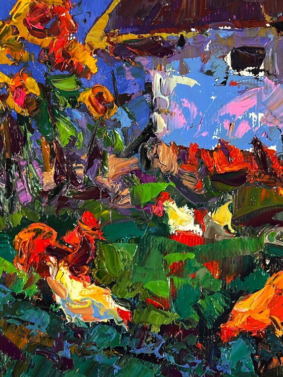 Image 1 of Origineel olieverfschilderij: Landelijk landschap, dorp, zonsondergang. De dag loopt ten einde.