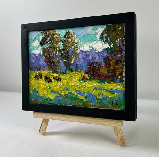 Original Oil Painting Summer Field Landscape At the Source