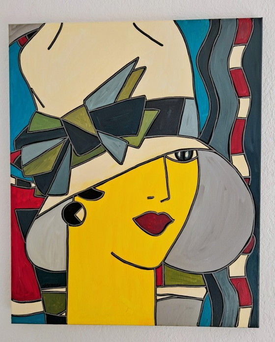 Image 1 of Patricia KLEYMAN - Ritratto di una graziosa giovane donna con un cappello bianco - Dipinto dell'artista