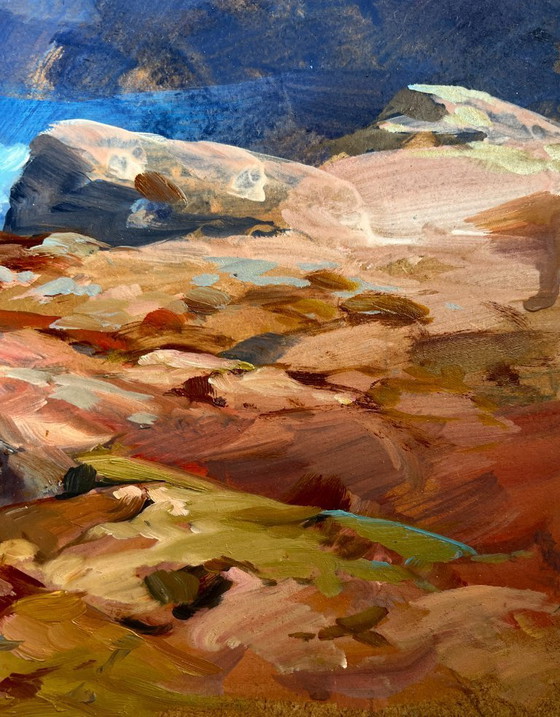 Image 1 of Pintura al óleo original Paisaje de rocas marinas Brisa marina en un día despejado