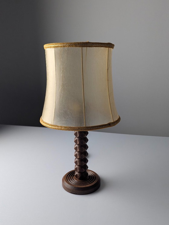 Image 1 of Charles Dudouyt Table Lamp, Oak with Parchment Leather Shade, France, 1950s