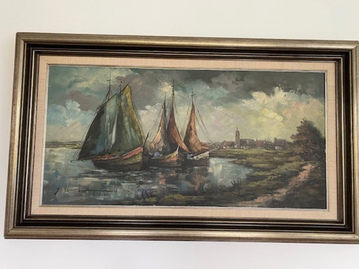 Oil painting of sailboats near a Zeeland village