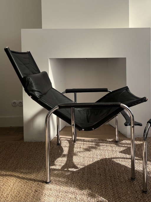 Sillón de diseño Strässle HE1106 | Hans Eichenberger | cromo de cuero negro