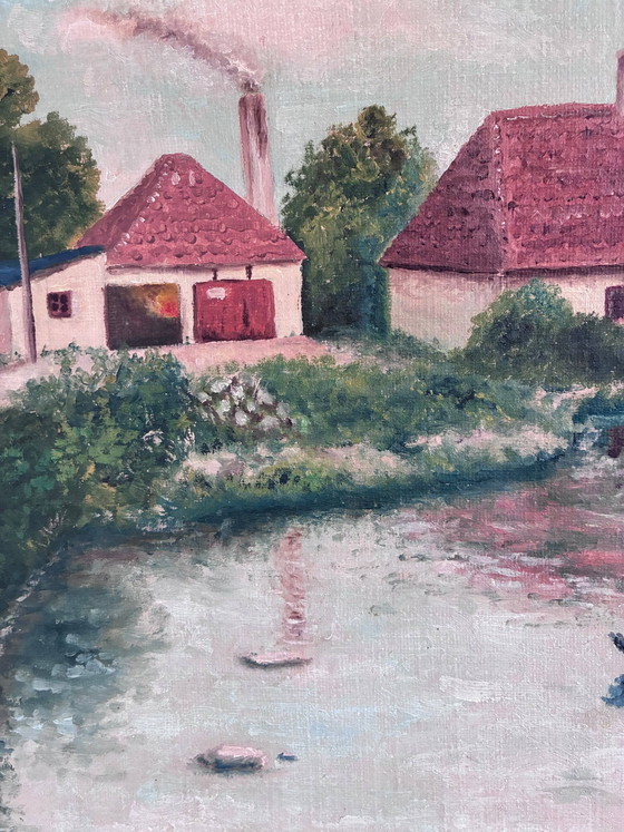 Image 1 of Peinture à l'huile originale vintage représentant un paysage, signée, œuvre d'art de ferme