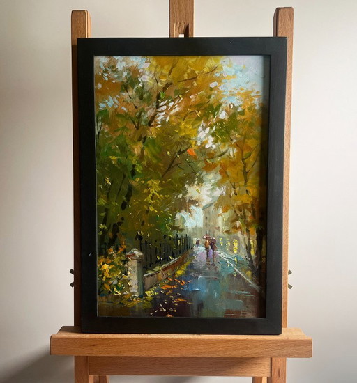 Peinture à l'huile originale, paysage urbain d'automne. Promenade dans un parc urbain en automne.