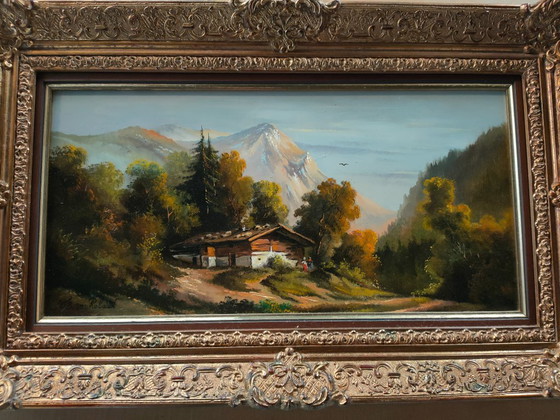 Image 1 of Pascolo alpino sullo sfondo di montagne, dipinto a olio di W. E. Van Rolland