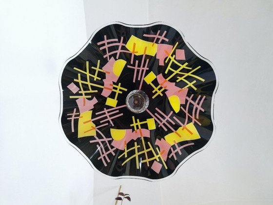Image 1 of Vintage 1980s Memphis Design Pendant Light / Postmodern Geometric Pull Down Lamp / Roly Poly Spiral Cable Chandelier / Retro Era