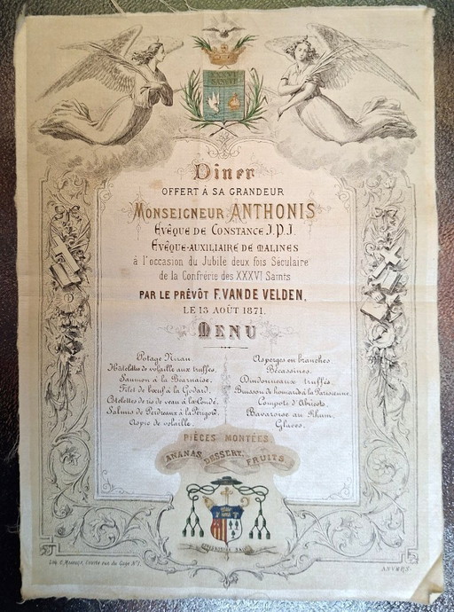 Rare 1871 Silk Menu Antwerp Belgium – Monseigneur Anthonis Jubilee Banquet