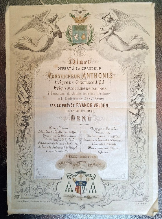 Image 1 of Rare 1871 Silk Menu Antwerp Belgium – Monseigneur Anthonis Jubilee Banquet
