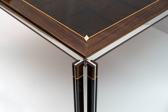Image 1 of Table de salle à manger italienne en acier et bois incrusté de Paolo Barracchia par Roman Deco, 1978