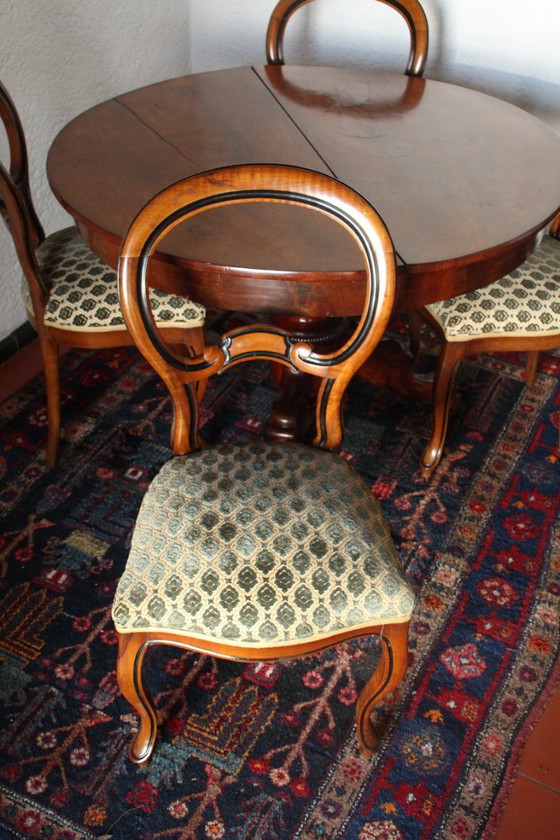 Tavolo da pranzo Biedermeier con quattro sedie, Legno di mogano, Onbekend, Set da pranzo, Tessile, Marrone (foto 2 di 6)