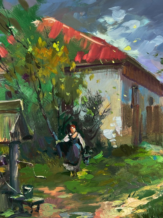 Image 1 of Peinture à l'huile originale, paysage rural, puits de village d'été