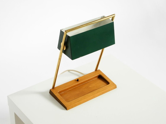 Image 1 of Original large 1960s Temde table lamp with a brass frame, teak base, and green lampshade