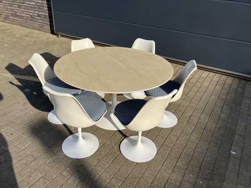 Knoll Tulip Dining Set Eero Saarinen, 9x Chairs With Marble Table (137cm Diameter)