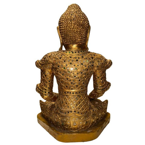 Estatua antigua de Buda Mandalay birmano – Madera dorada con decoración de vidrio – Myanmar c. 1880–1920 (photo 5 of 9)
